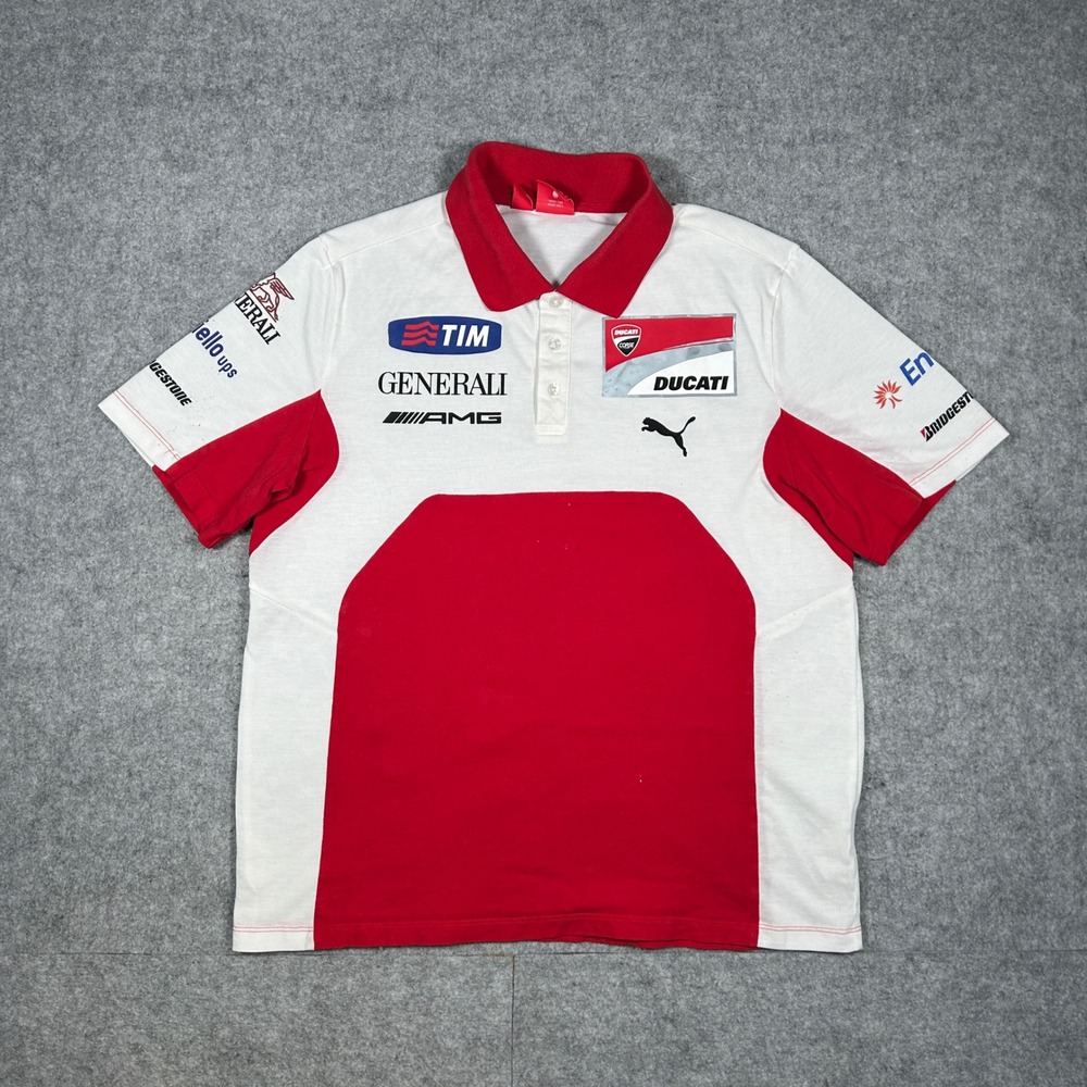 Puma‎ Ducati Corse Polo Shirt Mens large White Red Racing Team Sponsors AMG TIM